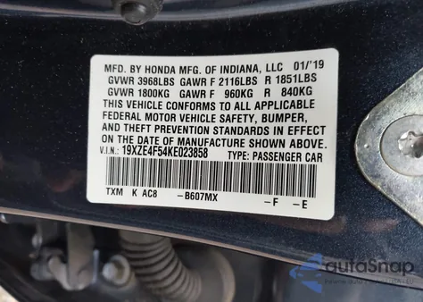 2019 Honda Insight Ex z USA, uszkodzony, nr VIN 19XZE4F54KE023858